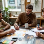 Three-person revenue team huddled over unreadable printouts and notes planning a 90-day ABP experiment.