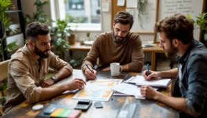 Three-person revenue team huddled over unreadable printouts and notes planning a 90-day ABP experiment.