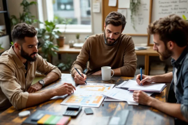 Three-person revenue team huddled over unreadable printouts and notes planning a 90-day ABP experiment.