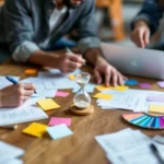 Small team around a table sorting blurred account cards and a running sand timer during a focused personalization sprint.