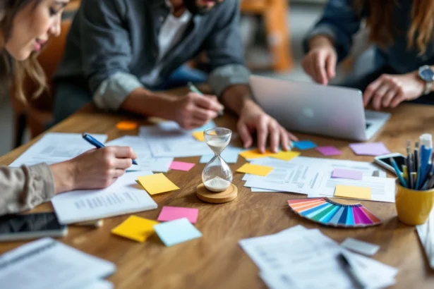 Small team around a table sorting blurred account cards and a running sand timer during a focused personalization sprint.