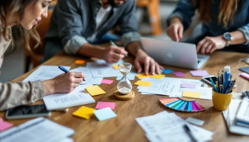 Account based personalization examples for small teams Small team around a table sorting blurred account cards and a running sand timer during a focused personalization sprint.