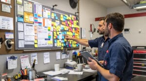 HVAC owner points at a color-coded lead board while an apprentice listens by a cluttered garage desk.