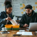 Two team members sort color‑stickered test envelopes into trays while reviewing blurred charts on a laptop in a small office.