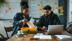 Two team members sort color‑stickered test envelopes into trays while reviewing blurred charts on a laptop in a small office.