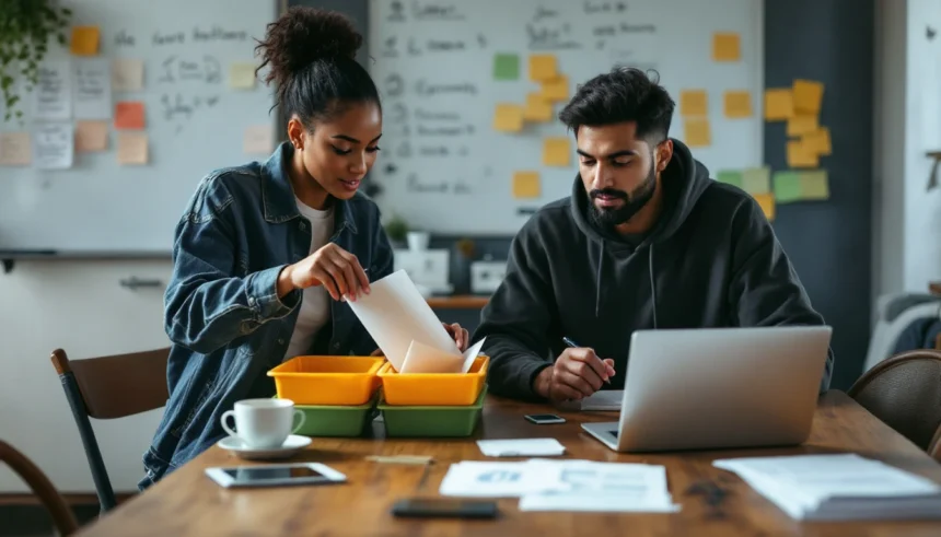 Two team members sort color‑stickered test envelopes into trays while reviewing blurred charts on a laptop in a small office.