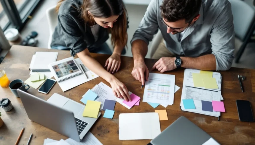 7 Ideal Customer Profile Examples With Filters Two teammates sorting color-coded index cards and blurred spreadsheets on a wooden table, collaborating on ICP filters.