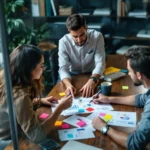Three colleagues lean over a dashboard sketch and sticky notes as one sketches a funnel on glass, mid-discussion.