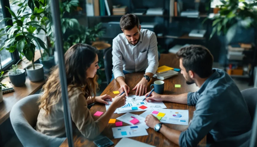 Lead nurturing measurement framework for SMBs Three colleagues lean over a dashboard sketch and sticky notes as one sketches a funnel on glass, mid-discussion.