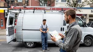 Plumber in coveralls on van hood studying sticky-note map with a face-down phone and paper planner.