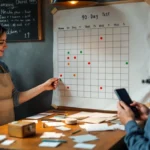 Café owner sticks green/red dots on a hand-drawn 90-day calendar while an assistant films a quick promo on a phone.
