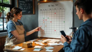Café owner sticks green/red dots on a hand-drawn 90-day calendar while an assistant films a quick promo on a phone.