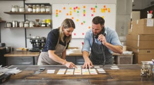 Two colleagues arranging color-tabbed index cards into an email-cadence on a wooden table in a roastery back-office.