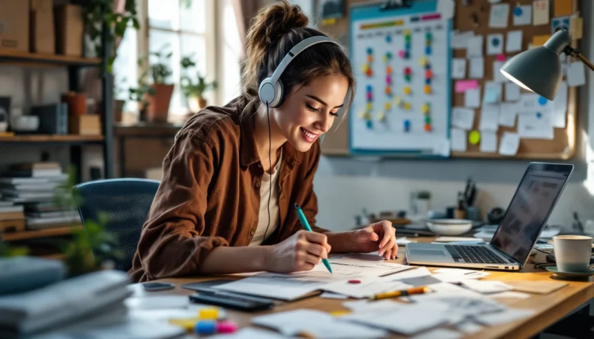 One-Rep Account Based Prospecting in 30 Days Solo seller arranging index-card micro-lists and a ticking kitchen timer in a small back-office, intently focused.
