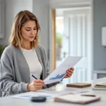 Homeowner studies blurred AI energy forecast at kitchen counter with home battery and EV wallbox in view.