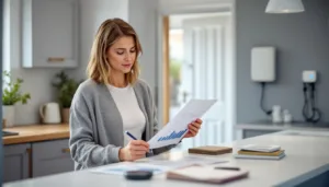 Homeowner studies blurred AI energy forecast at kitchen counter with home battery and EV wallbox in view.