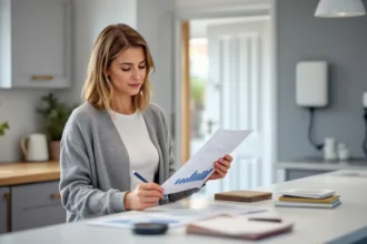 Homeowner studies blurred AI energy forecast at kitchen counter with home battery and EV wallbox in view.
