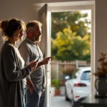 Couple in kitchen discussing a home battery and EV charging, solar panels visible through the window.