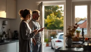 Couple in kitchen discussing a home battery and EV charging, solar panels visible through the window.