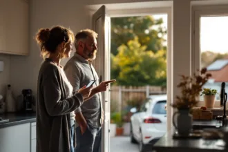 Couple in kitchen discussing a home battery and EV charging, solar panels visible through the window.