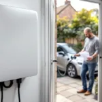 Home battery in foreground as a person plugs an EV into a wallbox outside through a utility-room door.