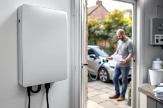 Home battery in foreground as a person plugs an EV into a wallbox outside through a utility-room door.