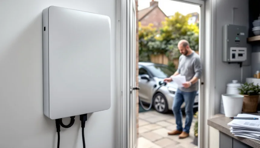 Home battery in foreground as a person plugs an EV into a wallbox outside through a utility-room door.