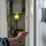Close-up of a round smart thermostat on a UK hallway wall, homeowner's hand reaching, boiler and energy bills blurred behind.