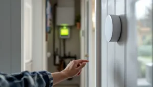 Close-up of a round smart thermostat on a UK hallway wall, homeowner's hand reaching, boiler and energy bills blurred behind.