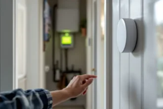 Close-up of a round smart thermostat on a UK hallway wall, homeowner's hand reaching, boiler and energy bills blurred behind.