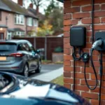 Homeowner plugs EV charger into matte‑black wallbox on UK driveway; battery unit and energy bills blurred on car bonnet.