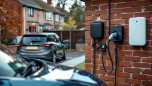 Homeowner plugs EV charger into matte‑black wallbox on UK driveway; battery unit and energy bills blurred on car bonnet.