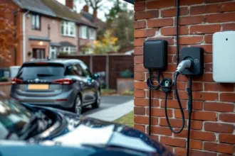 Homeowner plugs EV charger into matte‑black wallbox on UK driveway; battery unit and energy bills blurred on car bonnet.