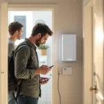Installer fits a compact wall battery into a small flat utility cupboard while the owner watches from the doorway.