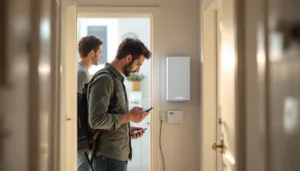Installer fits a compact wall battery into a small flat utility cupboard while the owner watches from the doorway.