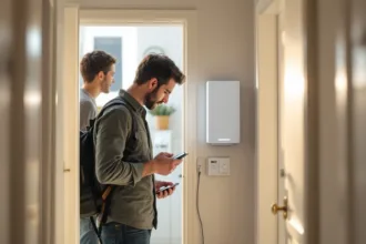 Installer fits a compact wall battery into a small flat utility cupboard while the owner watches from the doorway.