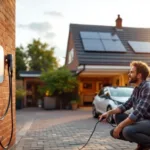Homeowner plugging a tethered wallbox charger into an EV on a UK driveway, garage battery unit visible.
