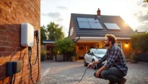 Homeowner plugging a tethered wallbox charger into an EV on a UK driveway, garage battery unit visible.