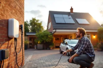 Homeowner plugging a tethered wallbox charger into an EV on a UK driveway, garage battery unit visible.