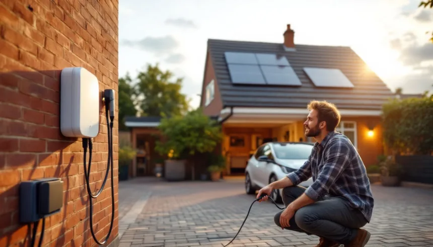 Homeowner plugging a tethered wallbox charger into an EV on a UK driveway, garage battery unit visible.
