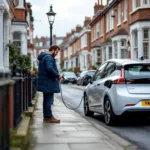 Hand plugs on‑street lamppost charger into EV through a kerb cable channel on a UK terrace street.
