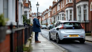 Hand plugs on‑street lamppost charger into EV through a kerb cable channel on a UK terrace street.