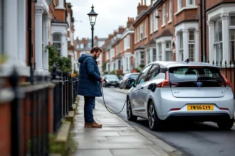 Hand plugs on‑street lamppost charger into EV through a kerb cable channel on a UK terrace street.