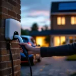 Hand plugging EV into wallbox beside home battery at dusk, holding blurred tariff papers.