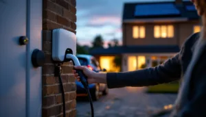 Hand plugging EV into wallbox beside home battery at dusk, holding blurred tariff papers.