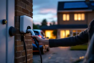 Hand plugging EV into wallbox beside home battery at dusk, holding blurred tariff papers.