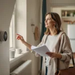 Homeowner adjusts a matte white smart thermostat while holding a folded heating bill, radiator valve and boiler visible.