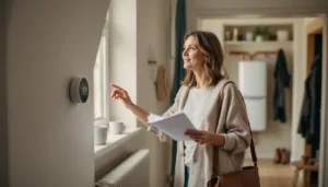 Homeowner adjusts a matte white smart thermostat while holding a folded heating bill, radiator valve and boiler visible.