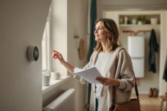 Homeowner adjusts a matte white smart thermostat while holding a folded heating bill, radiator valve and boiler visible.