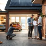 Homeowners talk with an installer beside an unbranded home battery on a UK semi's exterior, solar panels visible on the roof.